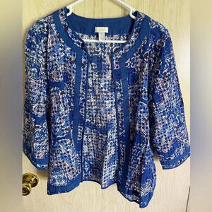 Chico's Blue Paisley Printed Eyelet Open Front Jacket- Size 2 Medium
